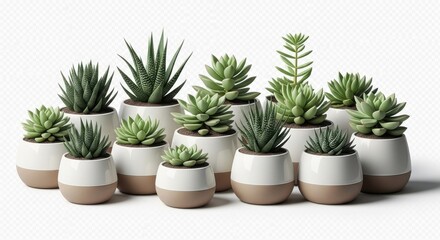 Assorted Green Succulent Plants in White and Beige Ceramic Pots on White Background