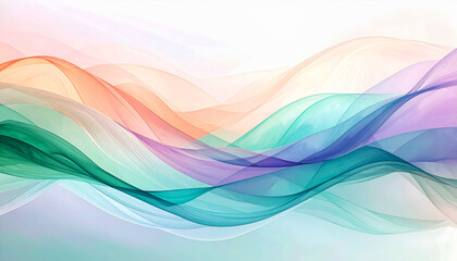 Serene abstract composition featuring fluid layers of translucent pastel waves. Soft gradients in aqua, peach, lavender, and teal evoke a sense of calm movement and visual harmony