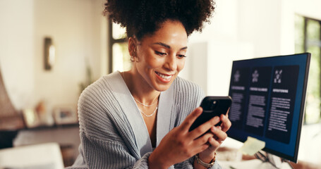Remote work, woman and phone for feedback, business growth or company review. Entrepreneur,...