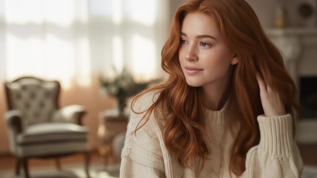 Serene woman with reddish brown hair in a cream sweater indoor portrait with natural light