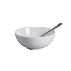 A simple, elegant white bowl with a silver spoon resting inside, isolated on a white background, perfect for showcasing various dishes and culinary creations.