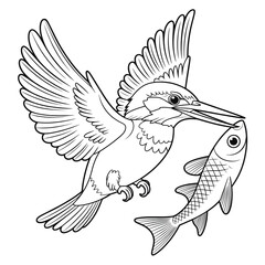 A black and white a kingfisher catching a fish illustration line art of a coloring page 