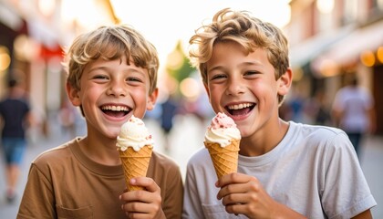 Two happy young boys with curly hair smiling and enjoying ice cream cones on a lively city street during warm weather, capturing childhood joy, friendship, and carefree summer days