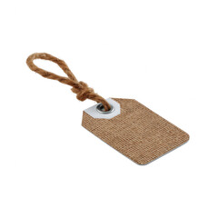 A simple, brown kraft paper tag with a string, perfect for labeling or branding. Ideal for creative projects and product packaging on a white isolated background.