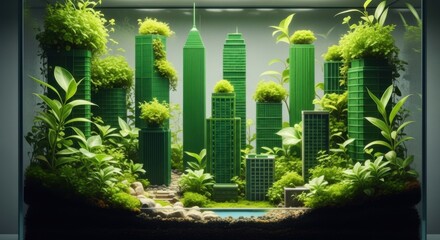 Fototapeta premium Green Cityscape with Tall Skyscrapers and Lush Plants in Indoor Environment