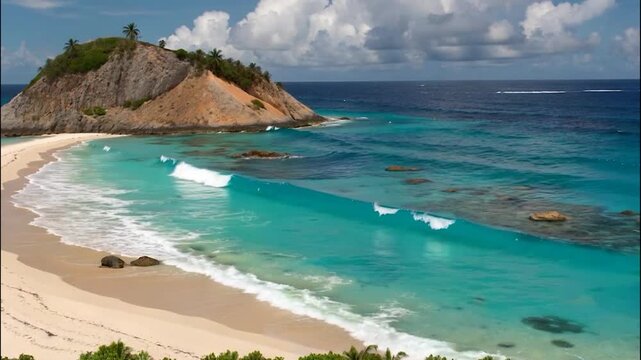 Top-down aerial view of turquoise ocean waves crashing gently onto a pristine white sandy beach. Captures the essence of a tropical island paradise with vibrant water colors, soft sand textures, and r
