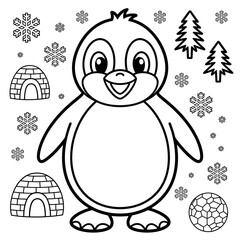 A black and white penguin illustration line art of a coloring page 