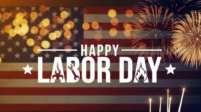 Happy labor day with american flag, fireworks, and bokeh lights