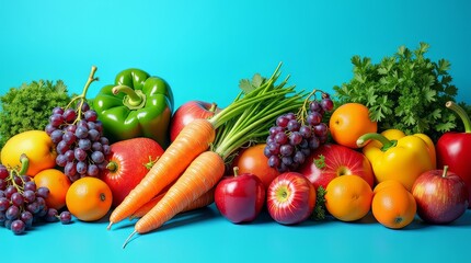 "Fresh and Colorful Fruits and Vegetables on Blue Background"