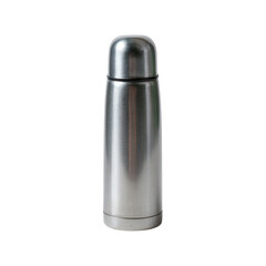 A sleek stainless steel thermos, designed to keep beverages hot or cold, perfect for outdoor adventures or daily commutes, shown against a white isolate background.