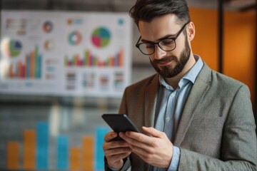 Marketing expert in trendy outfit using social app on phone, analytics in background