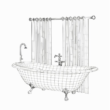 Detailed 3D sketch of a bathtub with a partially closed shower curtain, rendered cleanly in line.