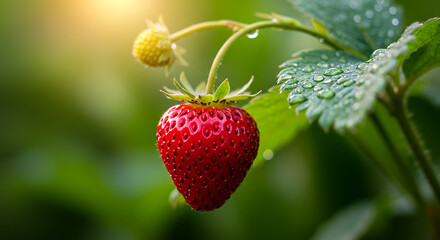 Ripe Strawberry with Dew Drops in Lush Garden Light