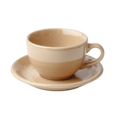 A stylish beige coffee cup with matching saucer, perfect for enjoying warm beverages. Isolated on a white background, it highlights the simplicity and elegance of fine dining.