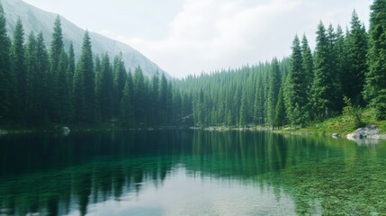 A tranquil lake with crystal clear water and a surrounding forest of pine and spruce trees