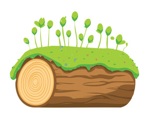 Log Section with Green Sprout Plants