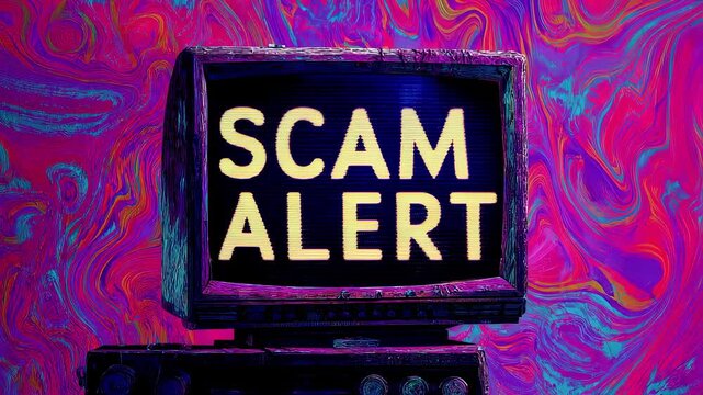 Against a backdrop of swirling neon pink and purple patterns a closeup of a computer monitor shows a flashing warning screen. The words SCAM ALERT are highlighted in striking white