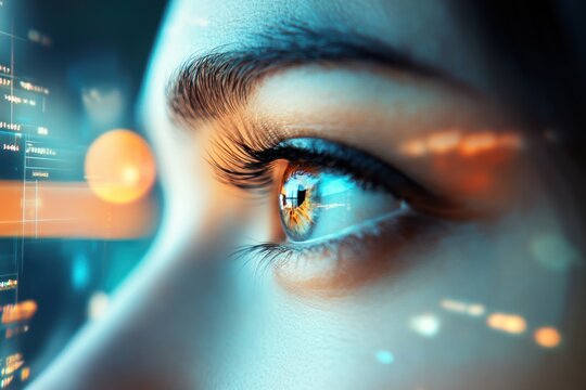 Macro shot of womanâ€™s eye focused on digital screen