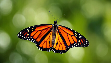 Obraz premium Monarch Butterfly in Flight: A vibrant Monarch butterfly with its iconic orange and black wings, displays its delicate beauty against a soft green bokeh background.