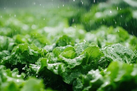 Macro shot of rain hitting lettuce crops, slow motion effect, lush green farm