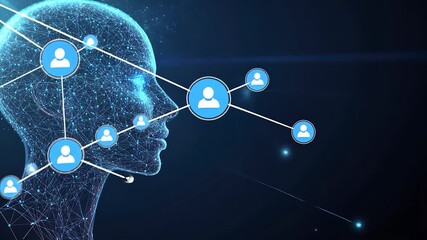 Abstract digital human head with interconnected user icons - Powered by Adobe