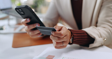 Business person, hands and phone with credit card for online transaction, purchase or banking at...