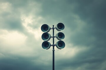 Loudspeakers in symmetrical arrangement on tall pole, overcast dramatic sky