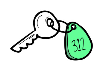Key to Room 312: Illustrative key to a room, paired with a tag that is engraved with room number 312, in an illustrative drawing that makes it perfect for concepts.