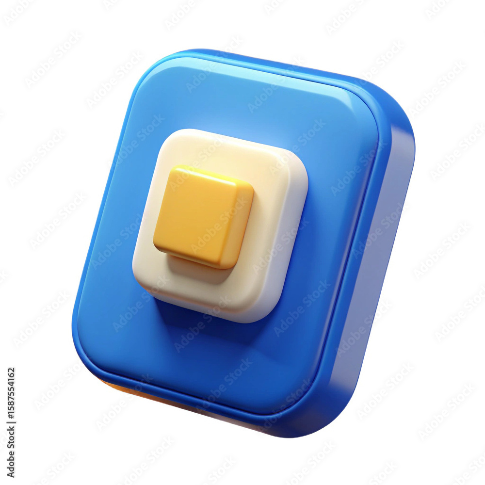 Poster stylized 3d render of a blue rounded square button with a cream colored layer and a yellow square bu