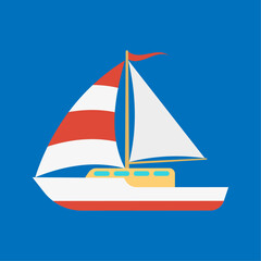 Sailing Yacht Icon: A vibrant illustration of a sailboat with red and white striped sails against a deep blue background. perfect for nautical themes, travel, adventure, and summer designs.
