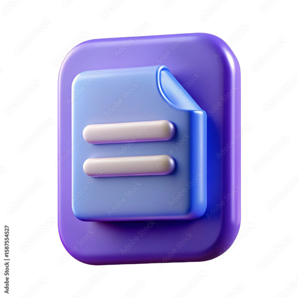 Aufkleber 3d icon representing a document with two horizontal lines symbolizing text or data isolated on white
