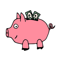 Piggy Bank Dreams: A cheerful piggy bank, with crisp dollar bills peeking from its coin slot, symbolizes financial goals and savings with a whimsical touch. 
