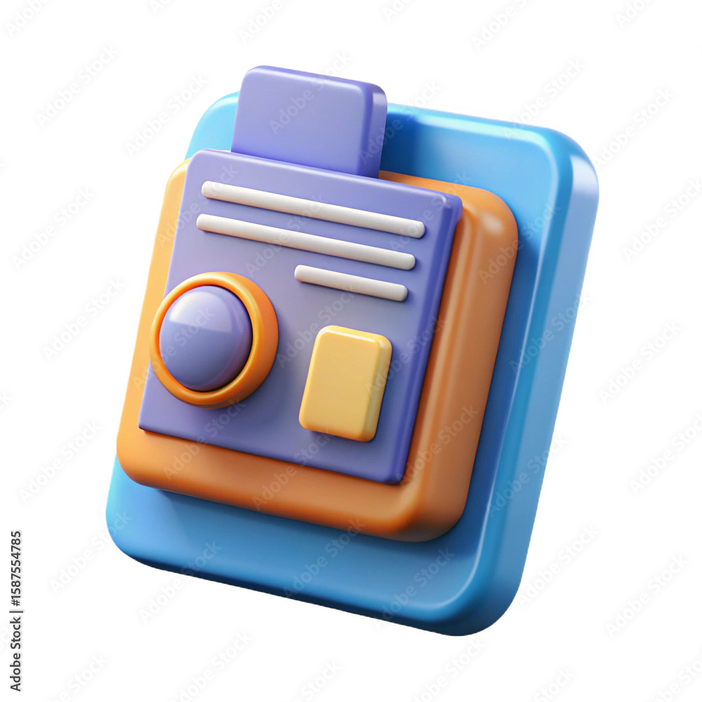 Poster stylized 3d icon resembling a security badge or id card with a circular button and rectangular eleme