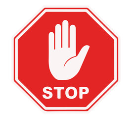 Octagonal red stop sign featuring a white hand and the word "STOP".