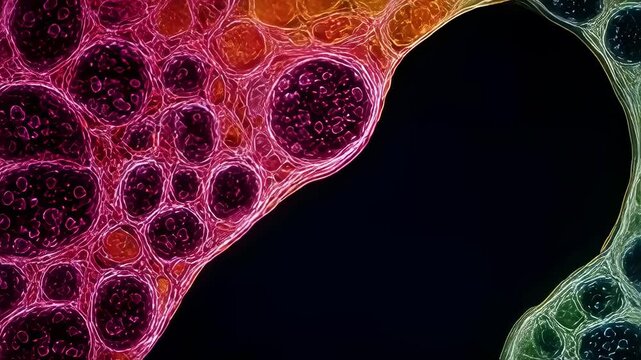 Microscopic view of beta cells in the pancreas connected to other cells through complex cell junctions for coordinated insulin release.