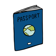 Travel Essential: A simplified, hand-drawn passport with its cover prominently displaying the word PASSPORT and a graphic of the Earth, symbolizing the globe, representing the essence of travel.