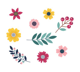 Colorful floral graphic design elements, including various flowers and berries, arranged on a white background.