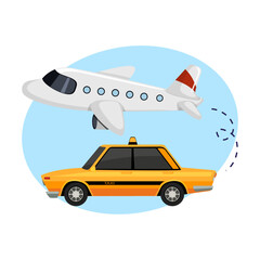 Air Travel and Road Journey: An airplane soars above a classic taxi cab, painted in sunny yellow and black, offering a delightful look at common modes of transport. 