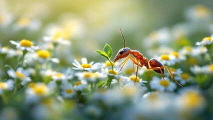 Macro view of an ant transporting food among delicate foliage, showcasing nature’s detail and resilience, perfect for biology and wildlife imagery