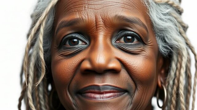 Closeup portrait of an elderly african woman with striking gray dreadlocks and deeply lined skin, exuding wisdom and character
