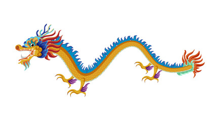 Chinese Dragon Illustration: A vibrant illustration of a traditional Chinese dragon, with its serpentine body adorned in gold, blue, and red hues.