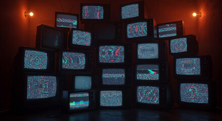 Stack of retro CRT televisions displaying glitch art in a dark moody room