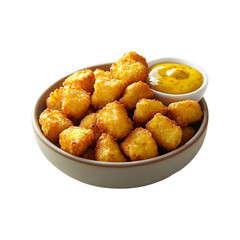 Crispy golden chicken nuggets served in a black bowl with tangy honey mustard dipping sauce, isolated on white background, perfect for fast food menus.