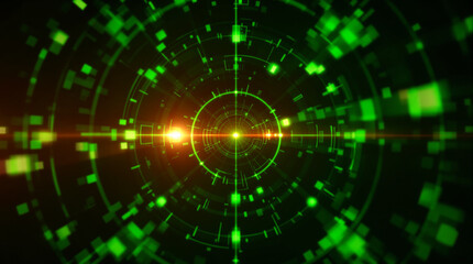 Abstract digital tunnel with glowing green squares and orange center, radiating outward in concentric circles against a black background, creating a futuristic, technological effect