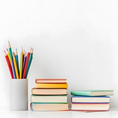 Colorful Stationery with Books and Pencils on a White Background