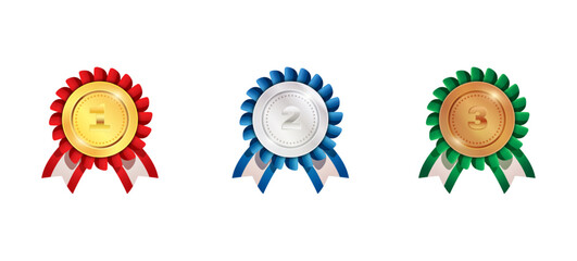 Ribbon Badges of Honor: An elegant trio of gold, silver, and bronze ribbon badges in a row. Symbolizing excellence. Ideal for academic achievements or business awards.