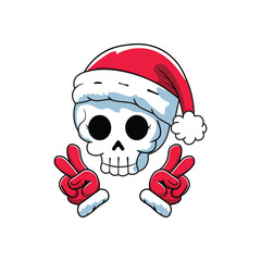 Cute Skull in Santa Hat Giving Peace Signs, Fun Christmas Cartoon