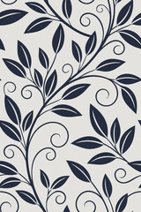 Dark blue leaves and swirls on light grey floral pattern