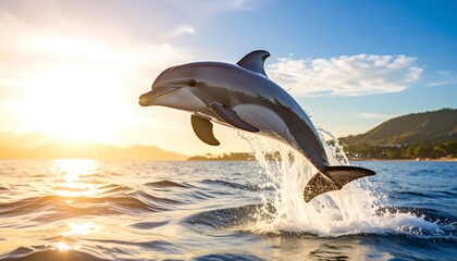 Fototapeta premium Majestic dolphin leaping at sunset
