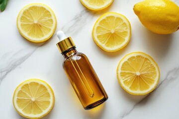 Lemon oil for skincare on white marble with sliced lemon